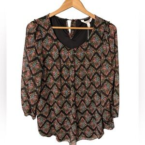 LC Lauren Conrad Black Floral Scoop Neck Long Sleeve Blouse